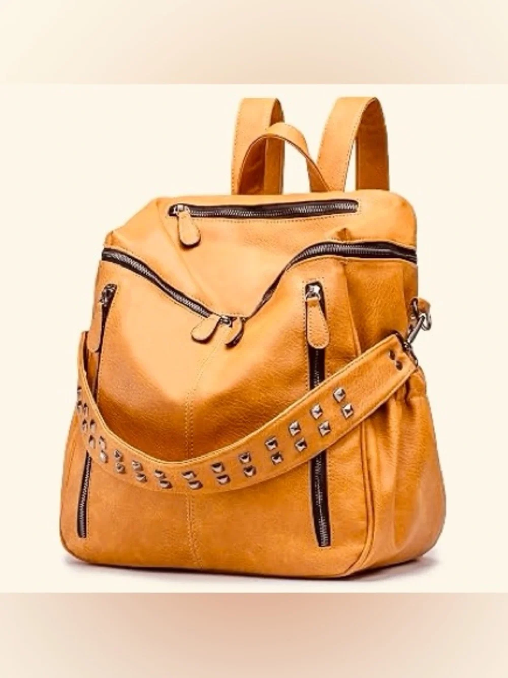 Stud-Accent Tan Vegan Leather Backpack